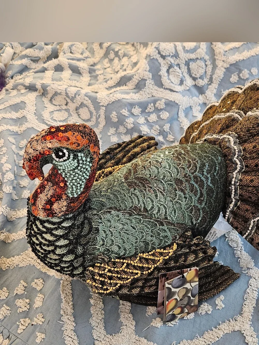 John Derian Turkey Pillow Beaded Decorative Bird Pillow - Green, Brown, Gold - Picture 1 of 5
